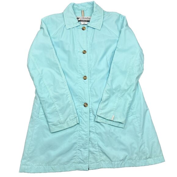 Columbia Sportswear Long Jacket Womens Large Light Blue Four Button Rain Coat - Picture 1 of 12